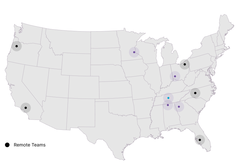 An illustrated map depicting the 5 Eosys offices in the Midwest and remote teams across the country.