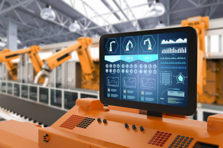 acontrol panel dashboard monitors reports and controls robotic arms.