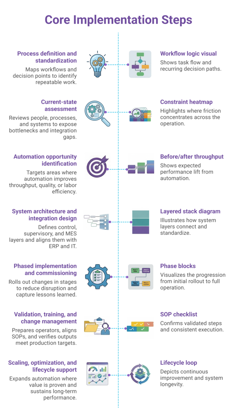 infographic titled "Core Implementation Steps" with seven vertical sections. Each section includes a bold step label and a brief narrative. Steps include: mapping workflows to identify repeatable tasks; assessing current systems for bottlenecks; identifying automation opportunities; designing system architecture and integrations; deploying in phases; training and validating outputs; and scaling proven automation for sustained performance.