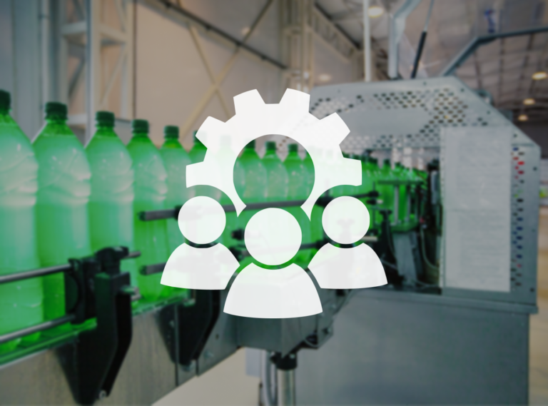 A production line with bottles on a conveyor, overlaid with a team-and-gear icon to represent multidisciplinary engineering collaboration in OT reliability