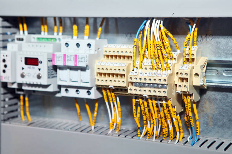 industrial control panel with labeled wiring and terminal blocks supporting integrated plant-floor data connections