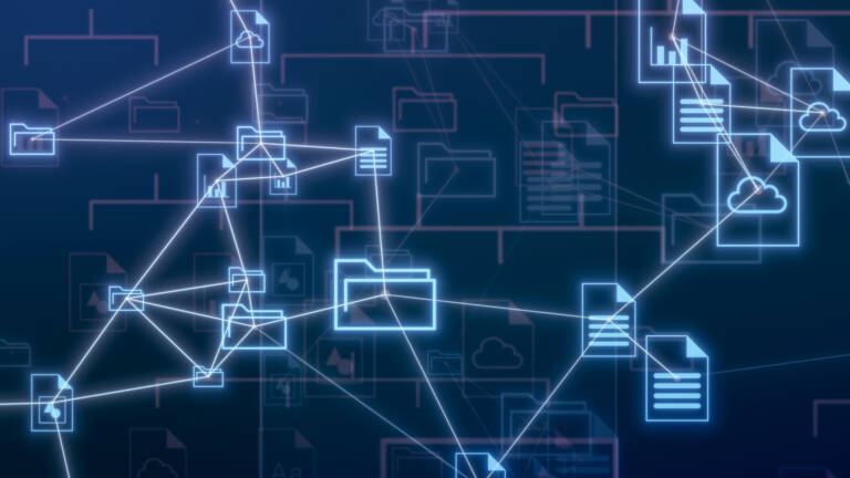 illustration of connected digital documents and data nodes representing data governance, contextual relationships, and information flow across integrated manufacturing systems