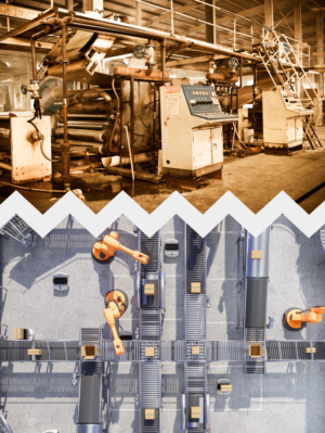 A split image showing an older, manual production line above a modern automated line, highlighting the shift from isolated machines to connected OT systems