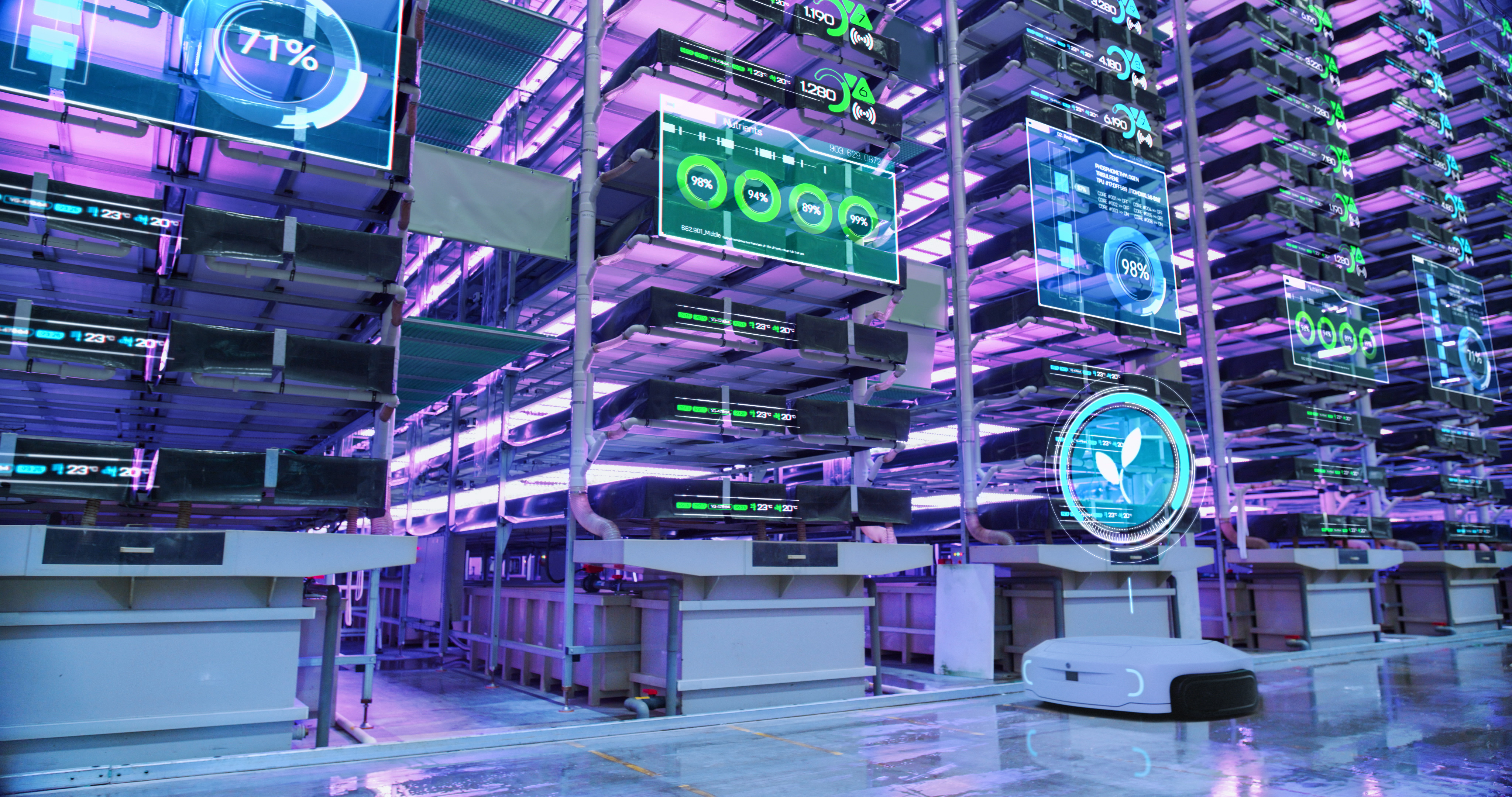 a modern indoor vertical farming setup with stacked hydroponic trays illuminated by purple grow lights and digital displays showing environmental data