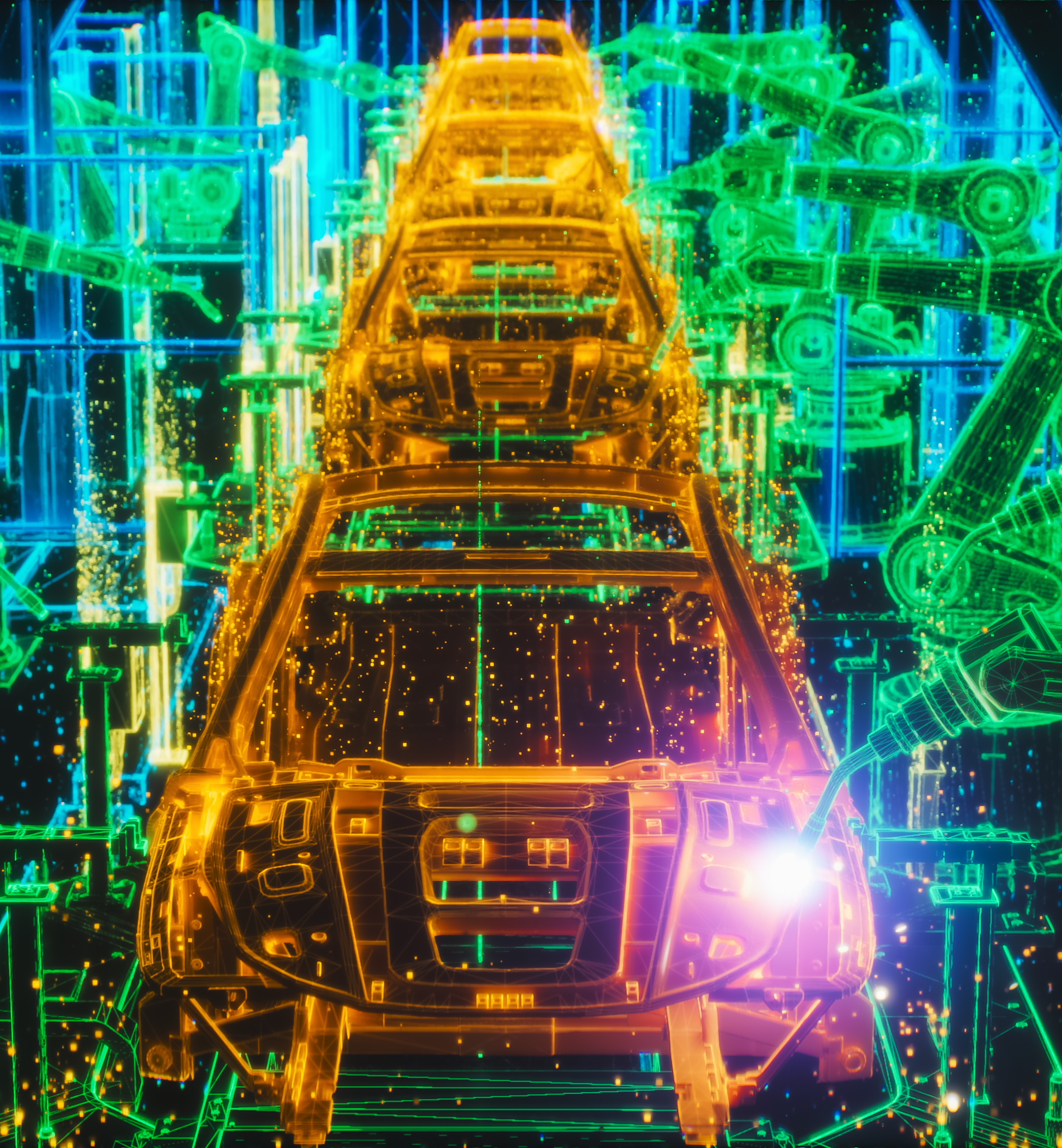 robotic arms assembling vehicles on an automated line illustrating how digital twin models and secure iiot systems help suppliers test sourcing scenarios and protect operations from cyber disruptions