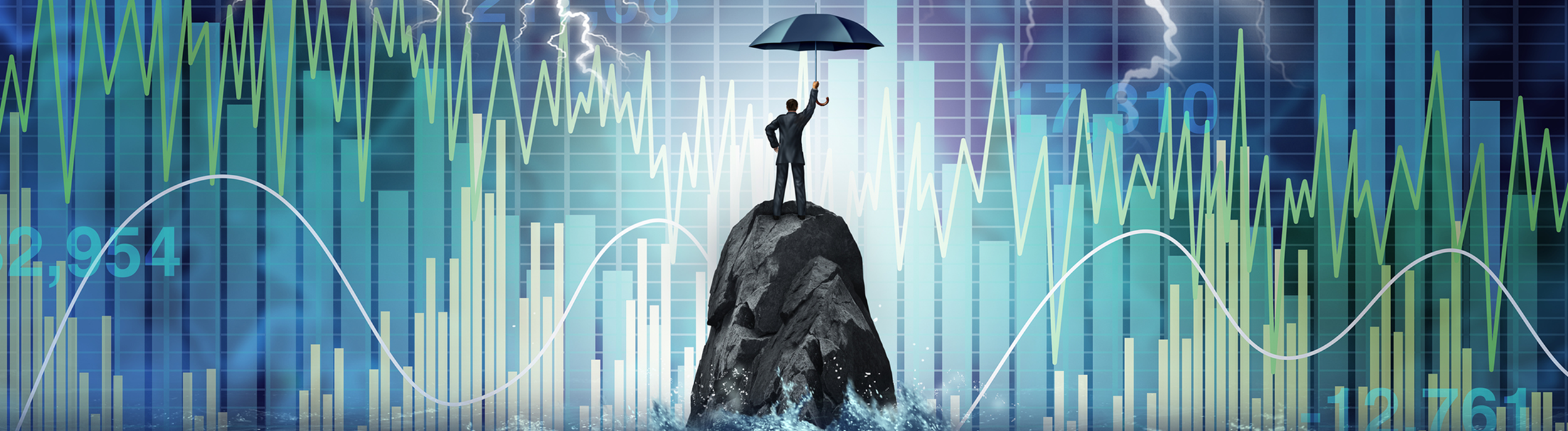 business person stands on a rock in rough water, holding an umbrella against a storm while digital financial graphs and fluctuating metrics appear behind them