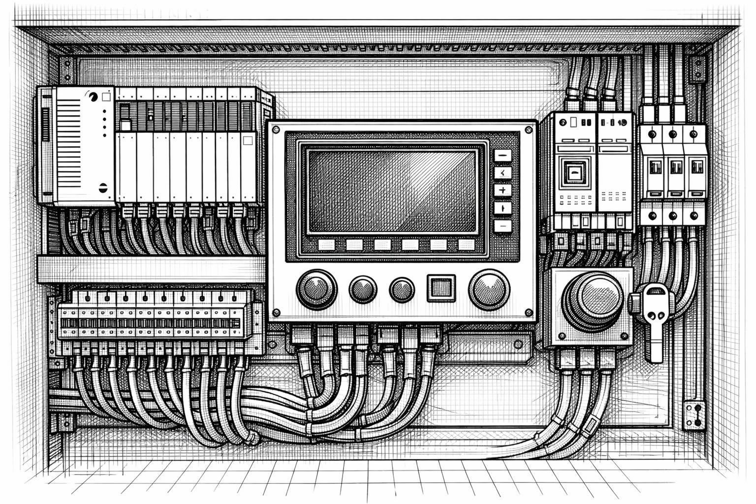 A custom industrial control panel with PLC, drives, safety hardware, power distribution, and operator interface components arranged for application‑specific control and compliance.
