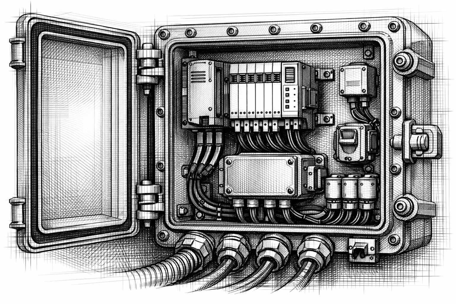 close-up of an environment‑specific control panel with sealed enclosure, gasketed door, and protected internal components designed to shield automation hardware from moisture, chemicals, dust, vibration, or hazardous atmosphere