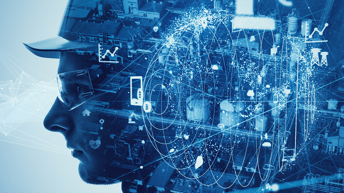 a worker silhouette blended with digital icons and industrial systems illustrating rising demands for digital maturity, regulatory pressure, and the shift toward lower‑carbon, automated manufacturing