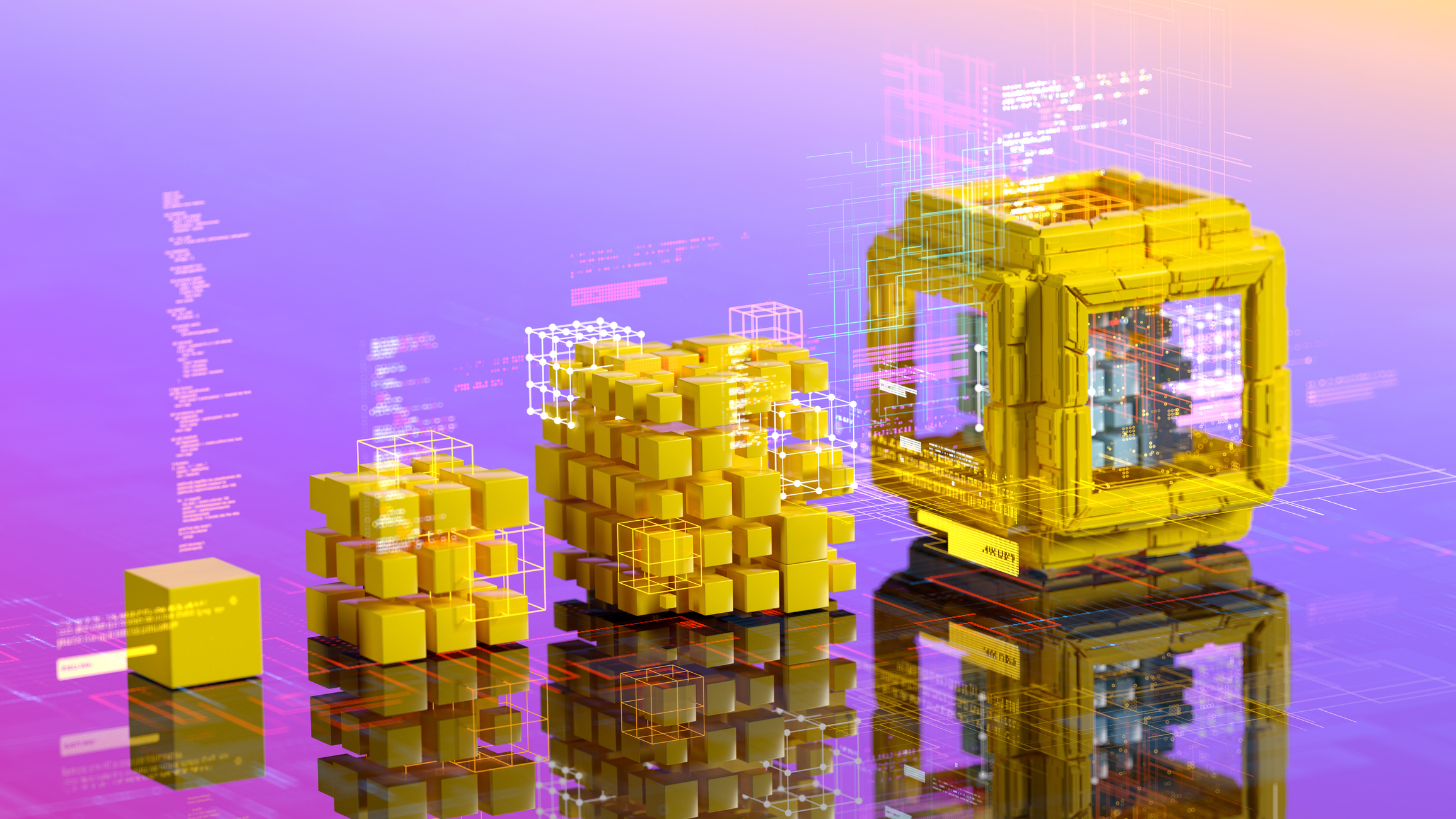 ai‑themed graphic showing the evolution from simple blocks to complex digital structures representing machine learning models used for predictive maintenance and real-time defect detection in manufacturing