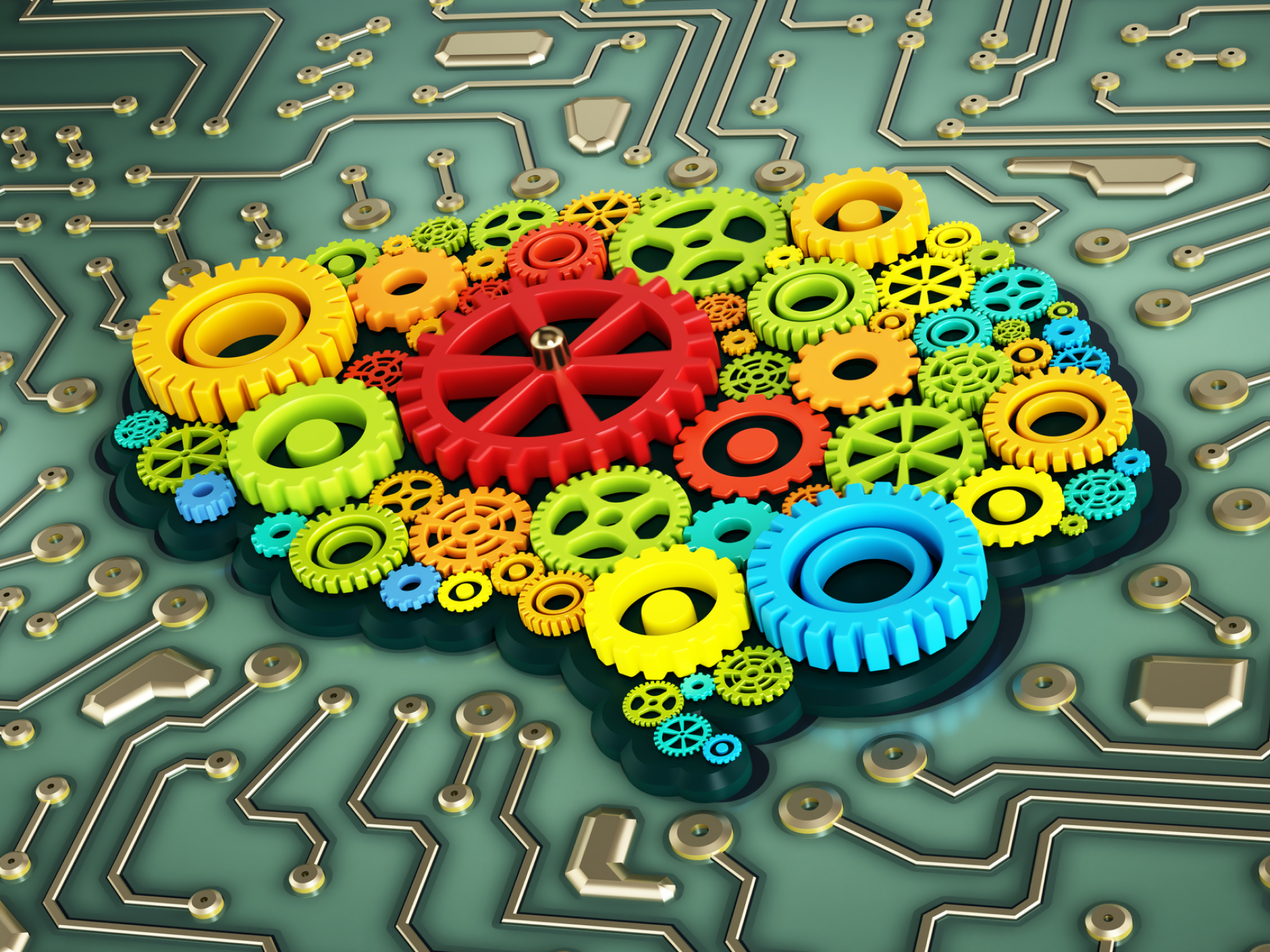 gear‑based brain sits on a green circuit board, symbolizing the connection between human decision‑making and industrial automation