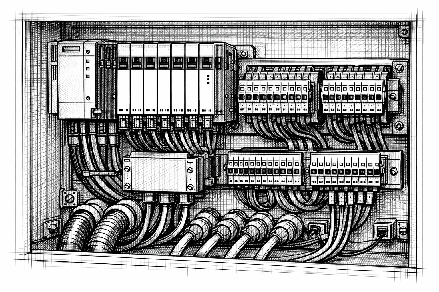 close-up of a modular distributed panel with remote I/O modules, terminal blocks, and organized wiring that supports localized signal termination and reduced cable runs