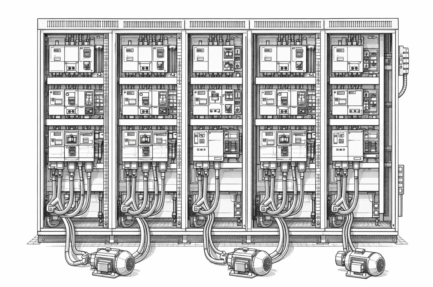 multi‑section motor control center showing stacked starter buckets, breakers, and feeder wiring used to distribute power and manage grouped motor loads