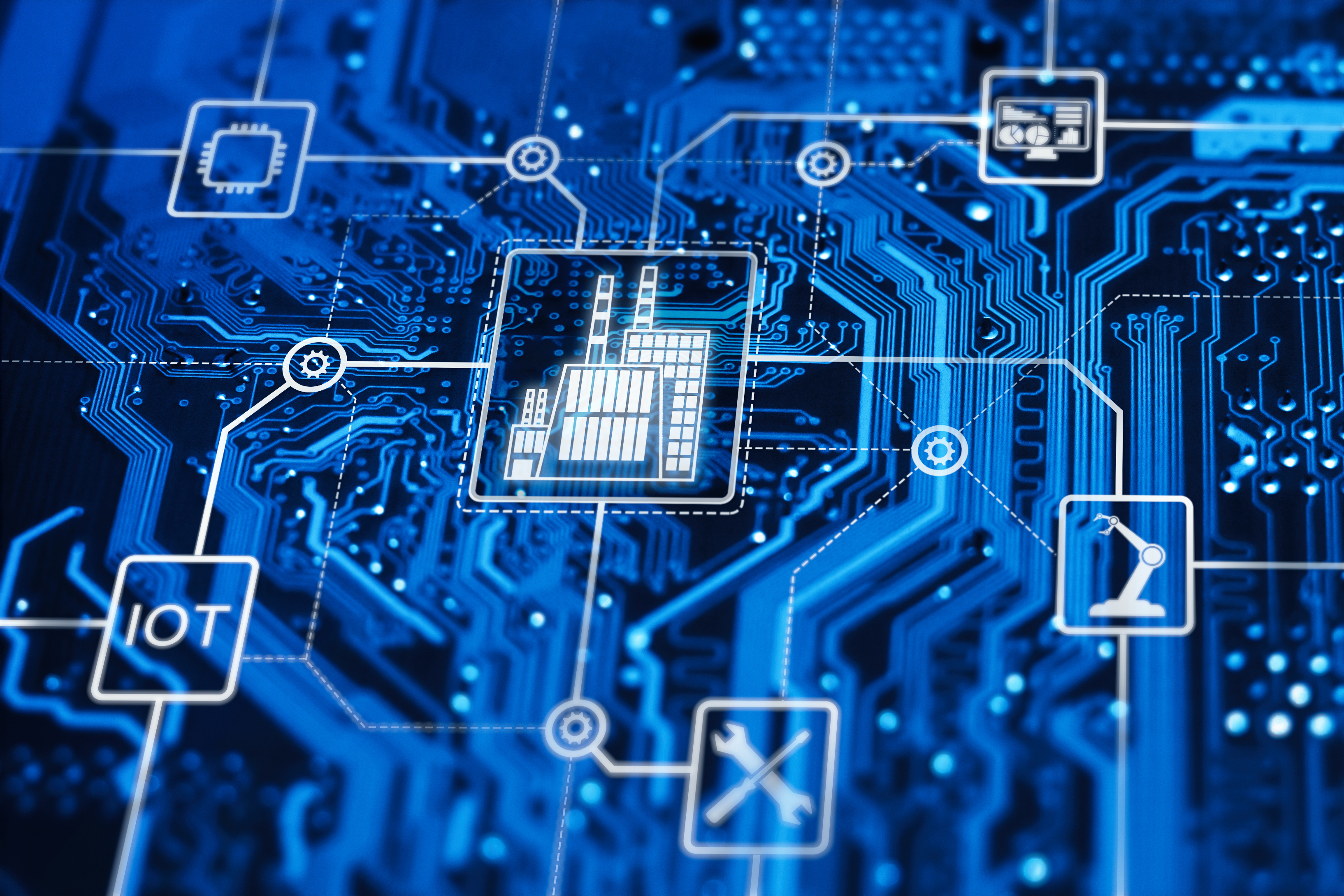 industrial control system cybersecurity concept showing connected factory icon, IoT nodes, and network architecture over a digital circuit board background