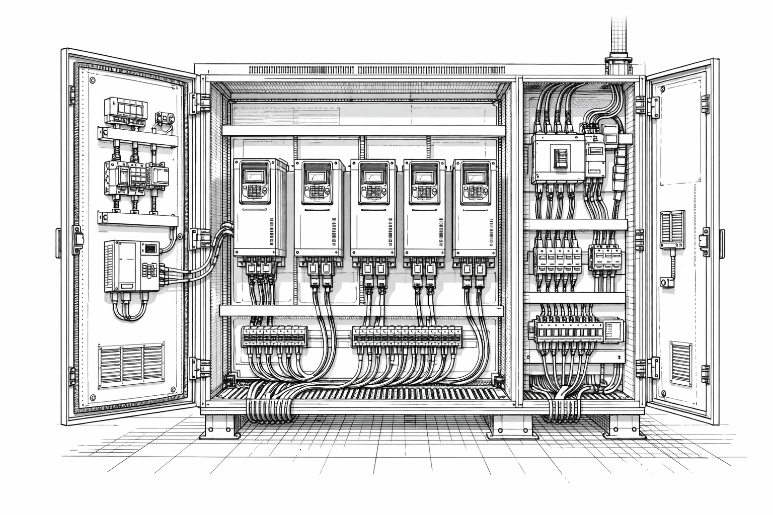 close-up view of a PLC control panel showing the controller, I/O modules, power supply, and structured wiring that handle sequencing, timing, and machine coordination