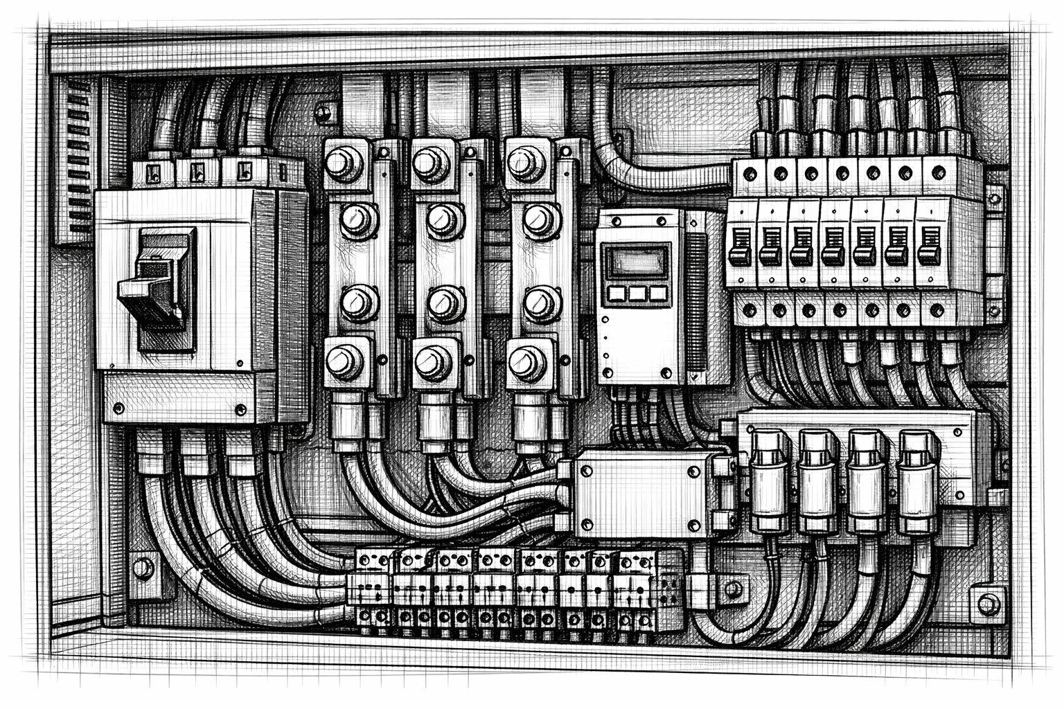 Close-up of a power distribution panel with breakers, fuses, metering components, and organized wiring that distribute incoming power, protect branch circuits, and support load management