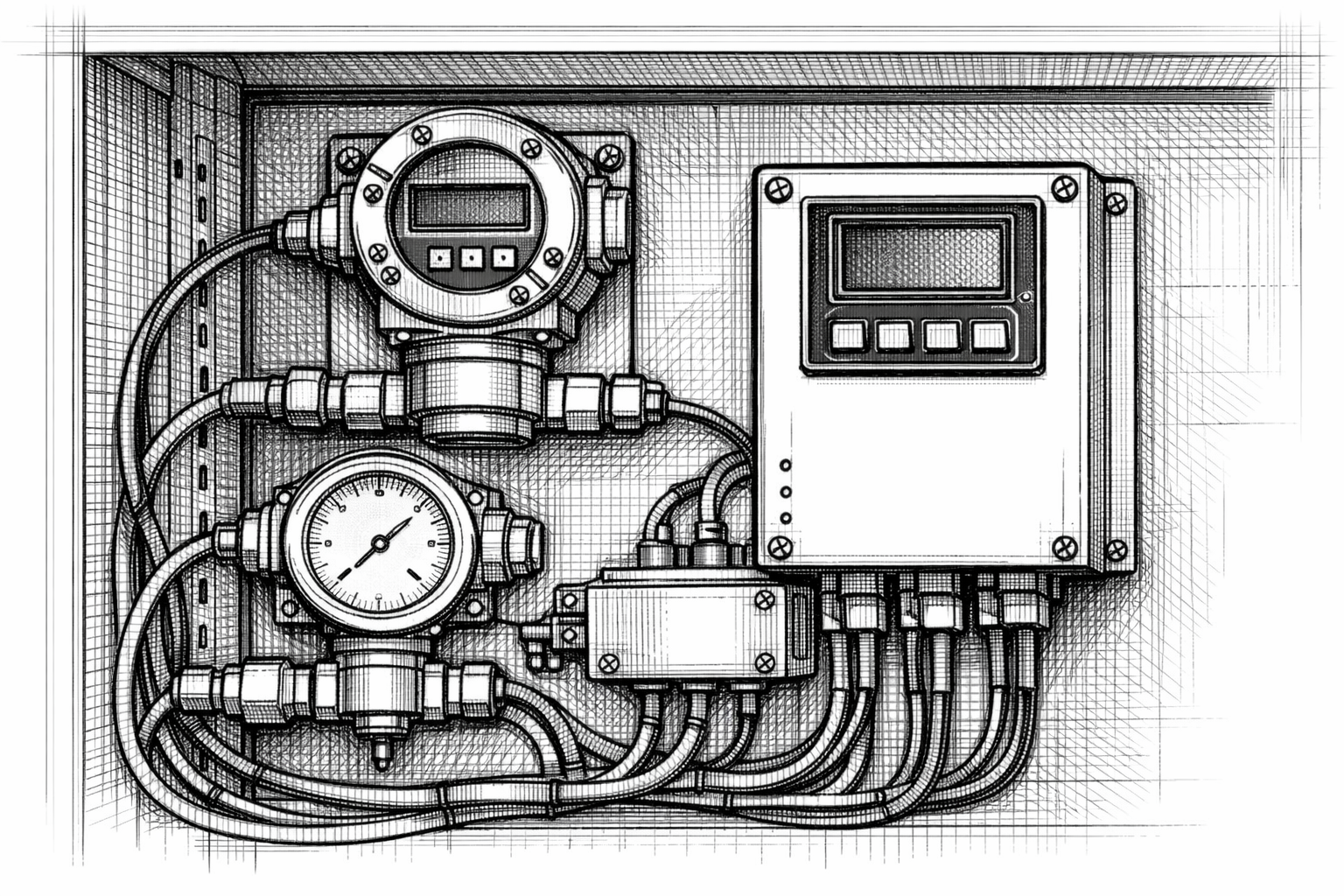 a process control panel with instrumentation, transmitters, gauges, and signal‑conditioning components used to regulate temperature, pressure, flow, and other continuous variables.