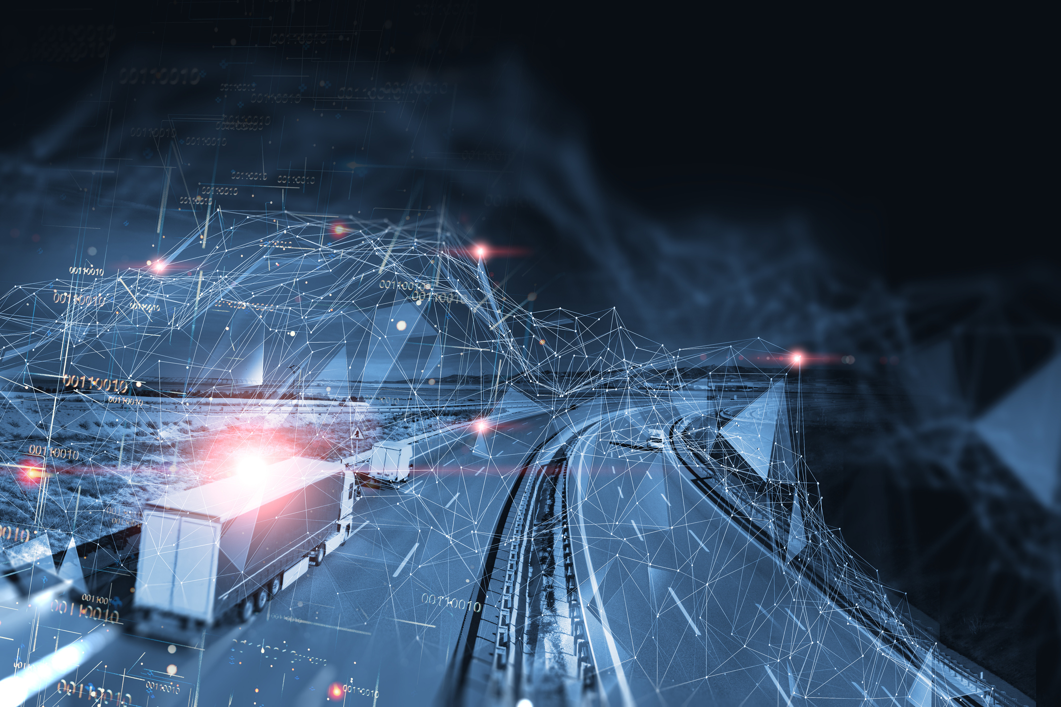 semi trucks on a digitally connected highway with data overlays illustrating how quantum computing models entire supply networks at once to optimize routing and reduce complexity