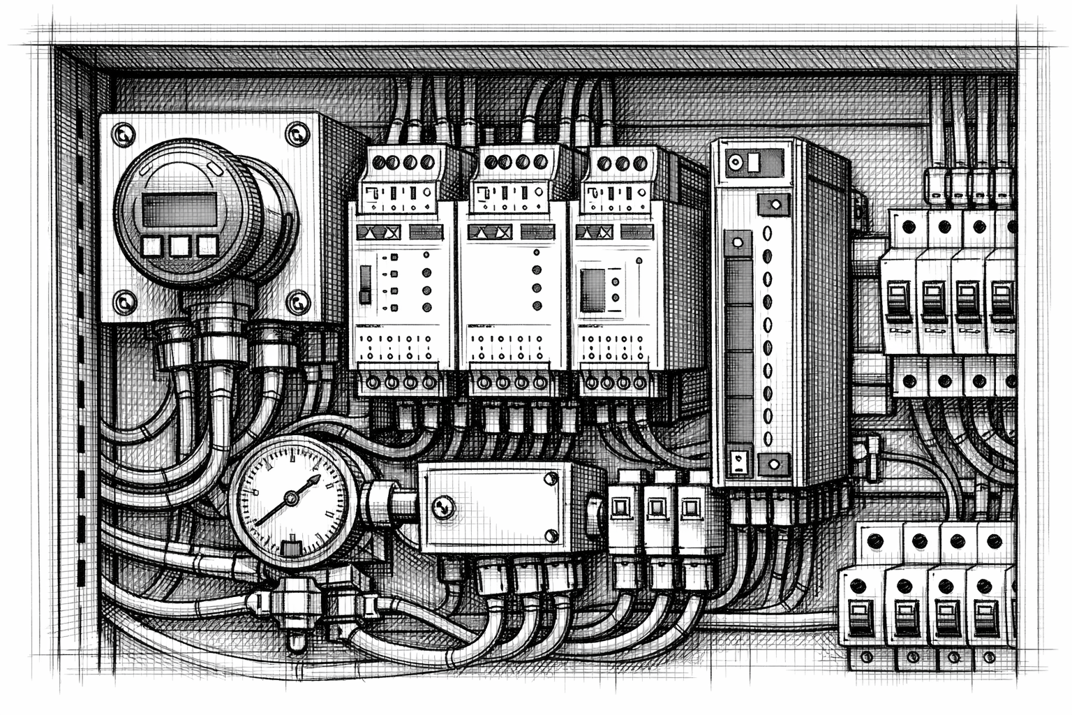 close-up of a safety control panel with safety relays, interlock monitoring components, E‑Stop circuitry, and organized wiring used to remove power and enforce protective functions during hazardous conditions