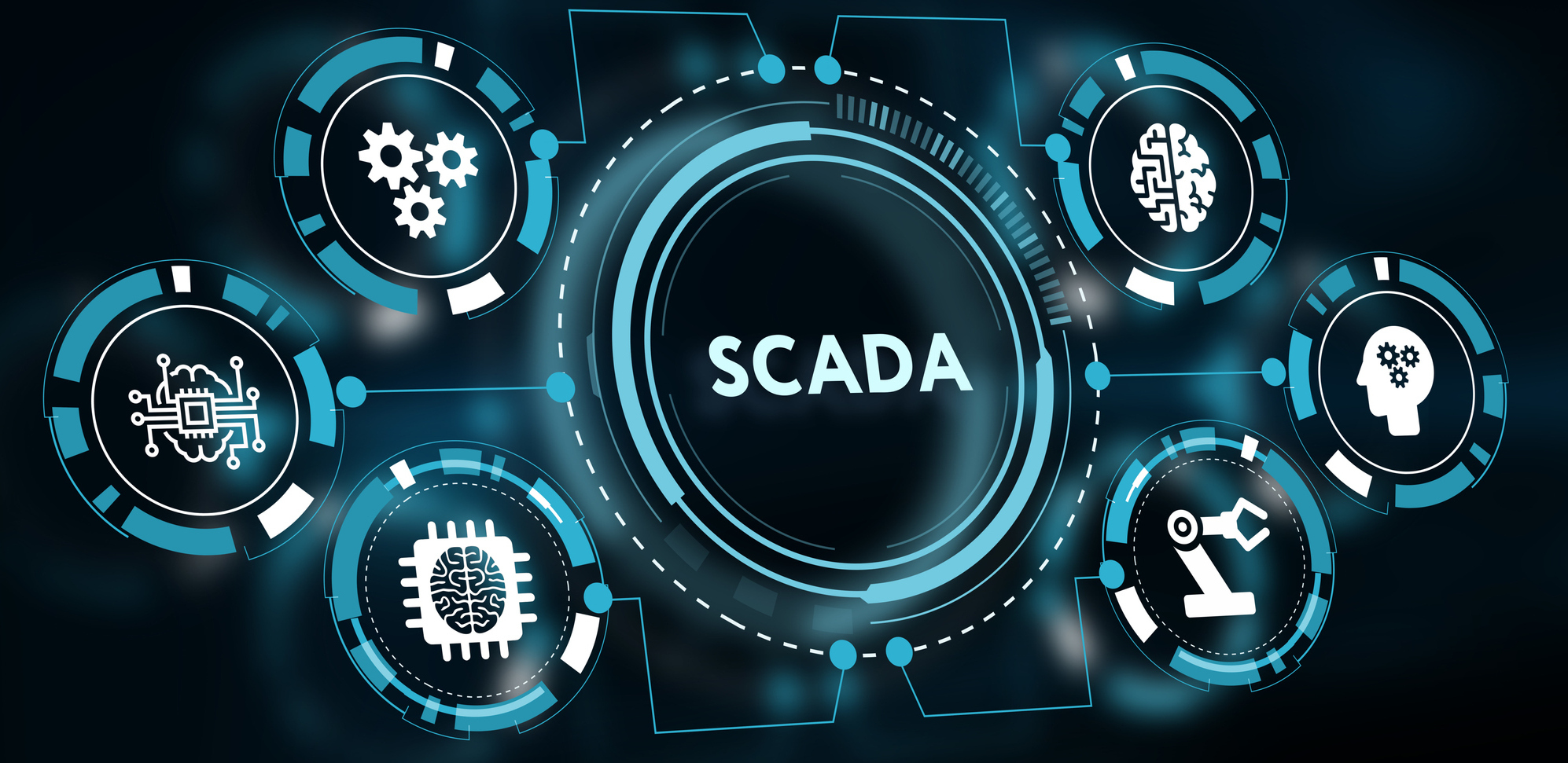 scada interface surrounded by icons for automation ai hardware and human-machine interaction on dark tech background